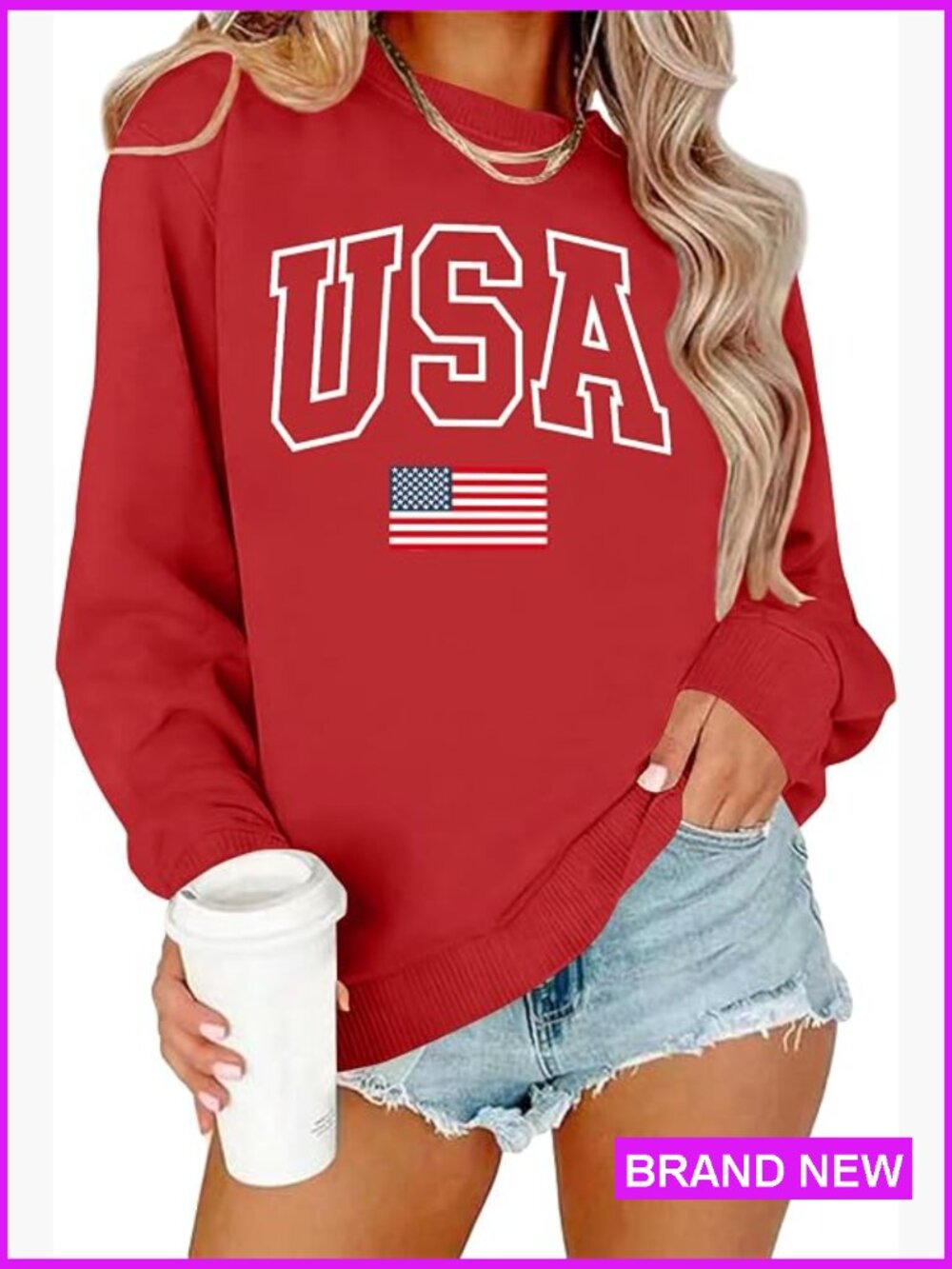 Patriotic Crewneck Sweatshirt Classic USA Lettering Pullover Long Sleeve